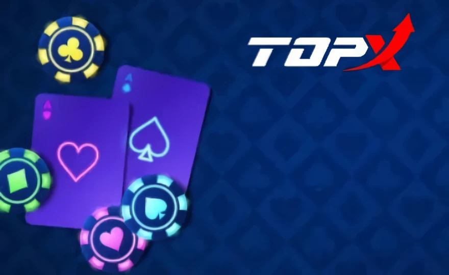 Imagem de marca da TopX: cartas e fichas sobre fundo azul