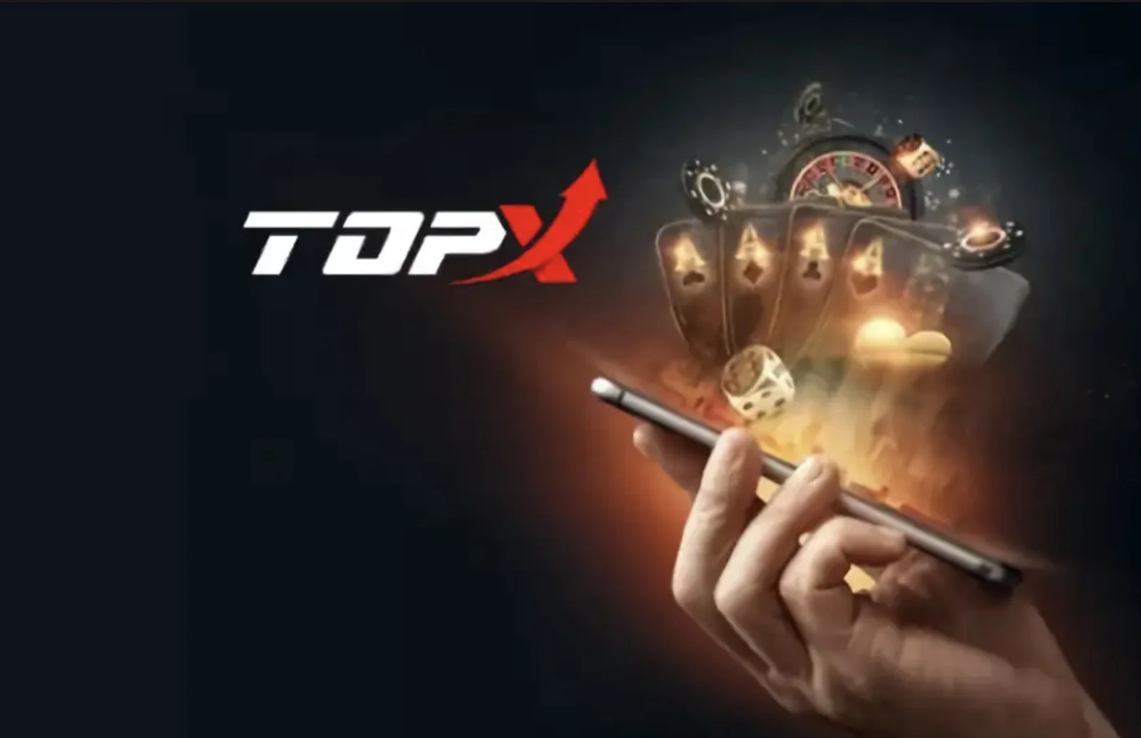 Imagem de marca da TopX: mão segurando um celular com símbolos de cassino saindo da tela